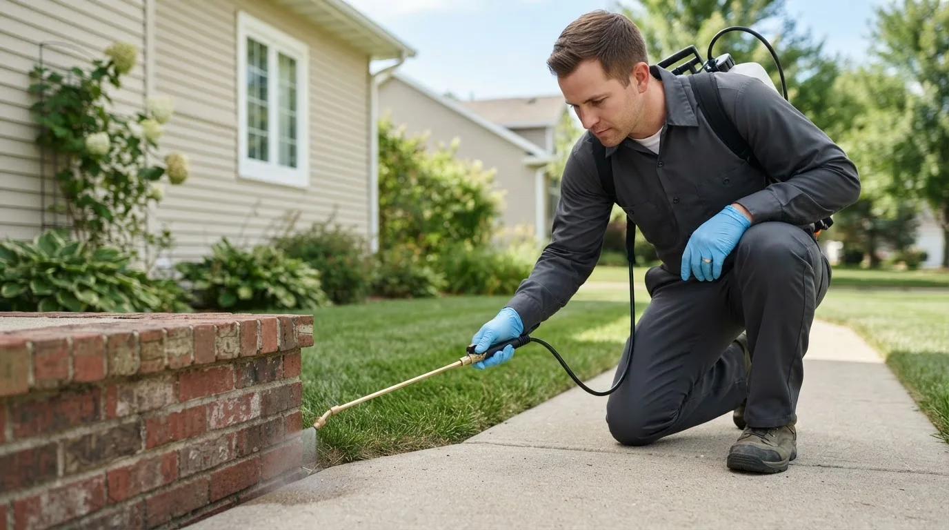Pest control technician treating a home near Blissfield, OH
